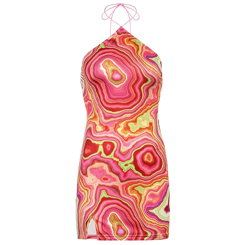 Wave Print Sexy Backless Halter Dress  Party Summer Sleeveless Short Dress Elegant 90S Fashion Streetwear