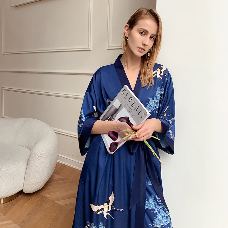 Blue Light Luxury Silky Satin Kimono Robe