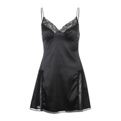 V Neck Satin Strap Sexy Black Dress  Lace Patchwork Backless Summer Dress Mini Side Split Ladies Dresses Fashion