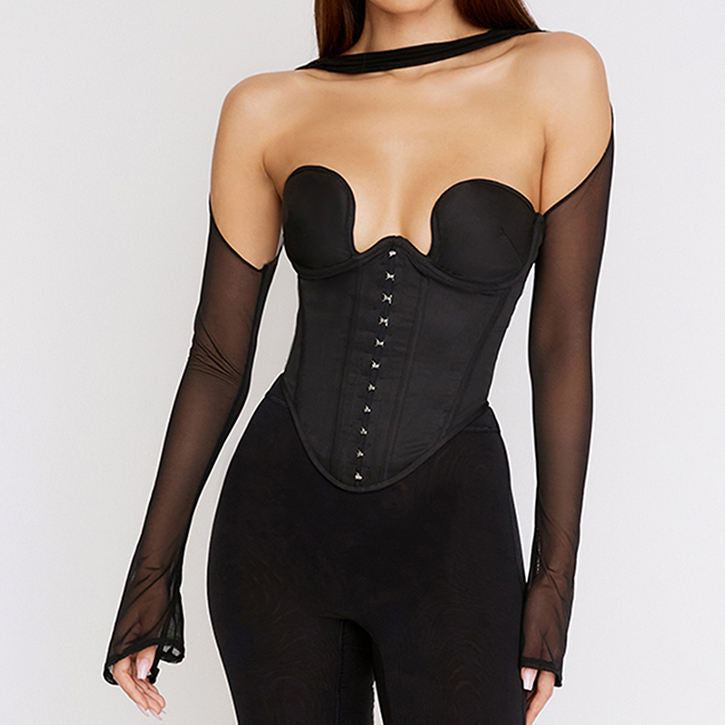 Black Plunge Long Sleeve Corset Top
