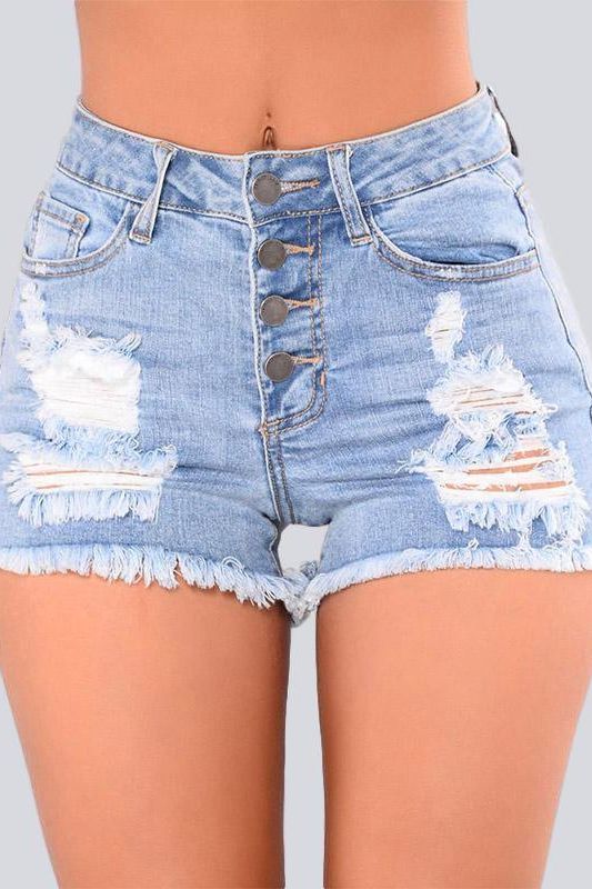 Washed Holes Fringed Denim Shorts