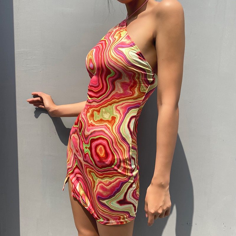 Wave Print Sexy Backless Halter Dress  Party Summer Sleeveless Short Dress Elegant 90S Fashion Streetwear