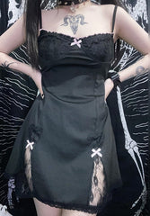 Solid Sexy Black Bodycon Dress Lace Patchwork Bow Summer Mini Dresses Sleeveless Spaghetti Strap Short Dress