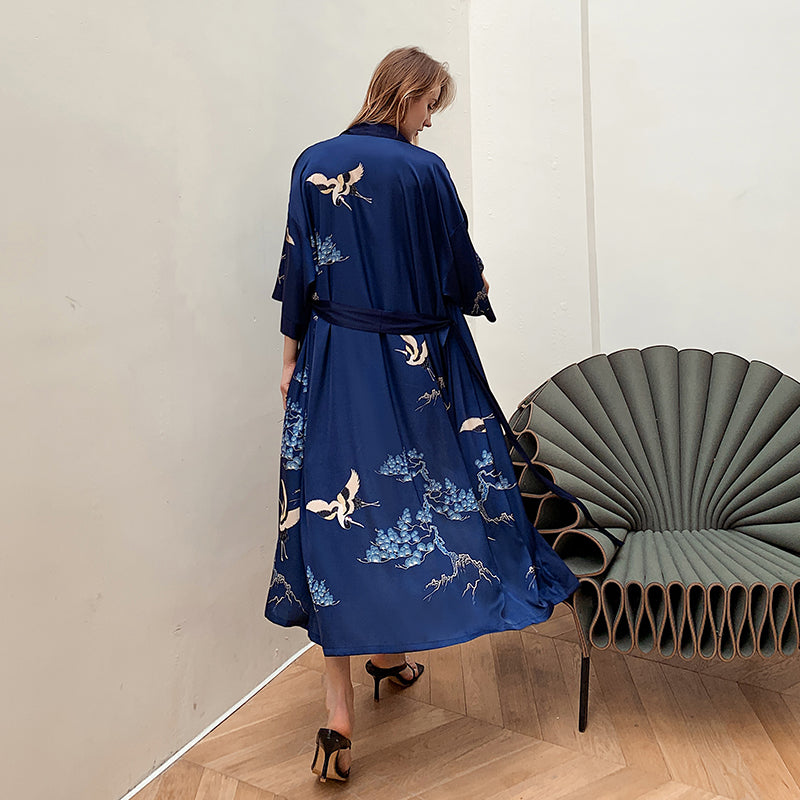 Blue Light Luxury Silky Satin Kimono Robe
