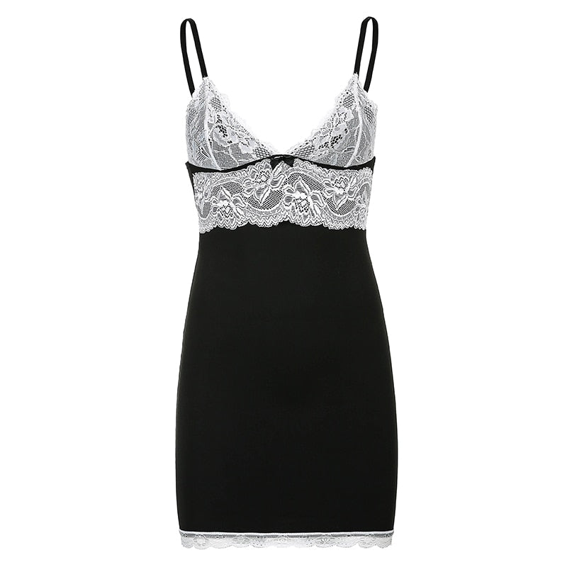V Neck Patchwork White Lace Sleeveless Mini Dress Summer Bodycon Short Dresses  Skinny Party Club 90S