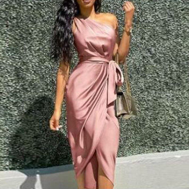 One Shoulder Sleeveless Long Dress Summer Elegant Irregular Evening Party Dress Green Sashes Female Split Vestidos