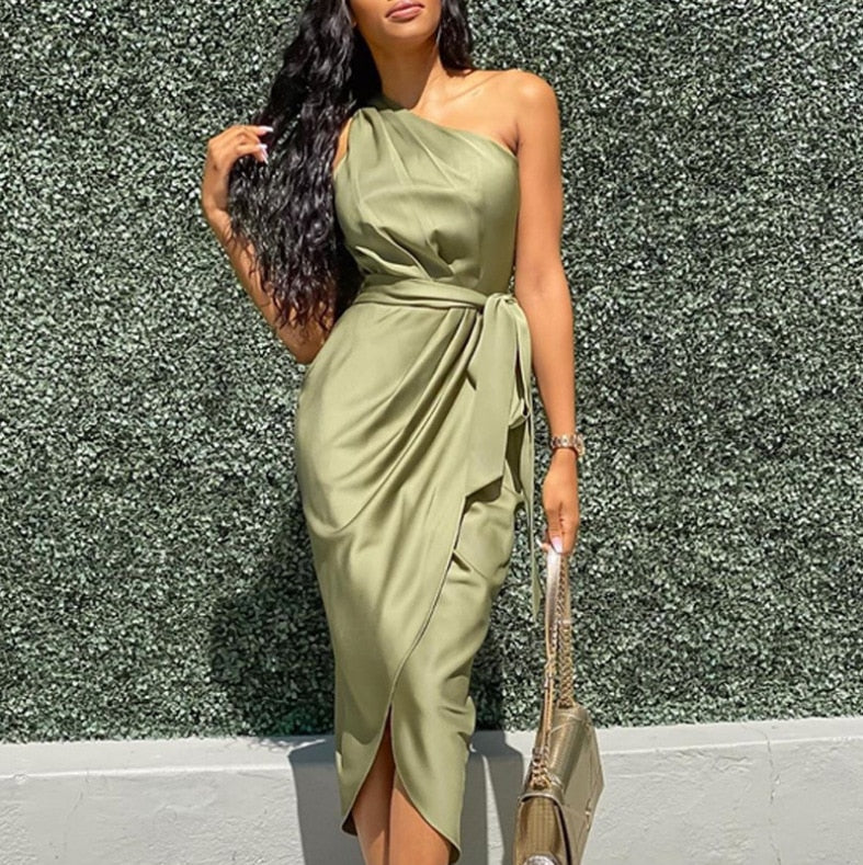 One Shoulder Sleeveless Long Dress Summer Elegant Irregular Evening Party Dress Green Sashes Female Split Vestidos