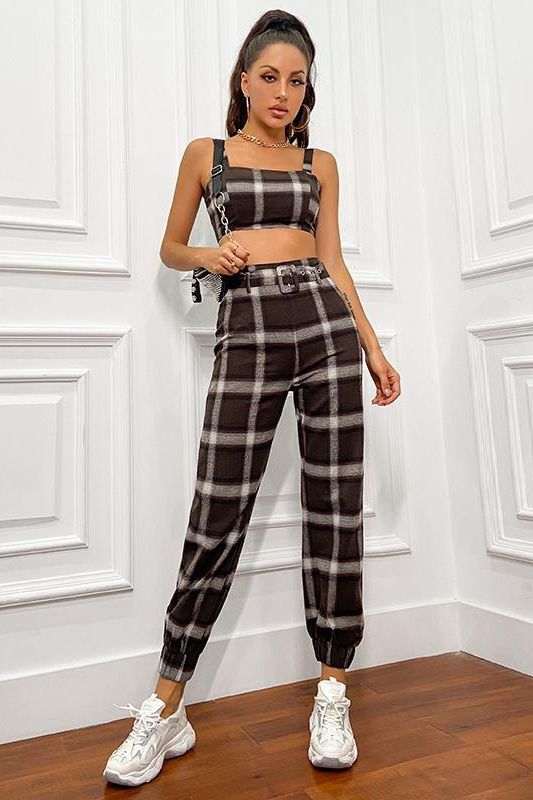 belt and buckle plaid pants