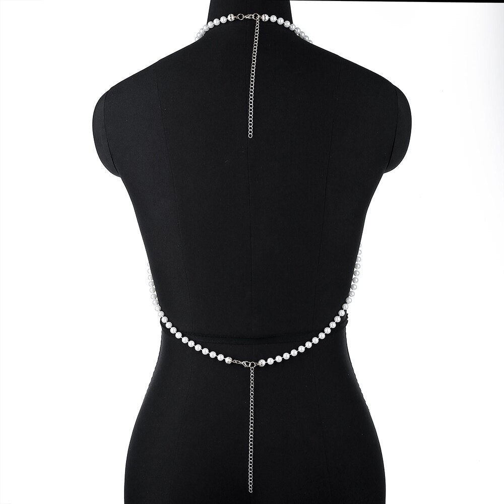 Adjustable Halter Pearl Sling Bra Chain