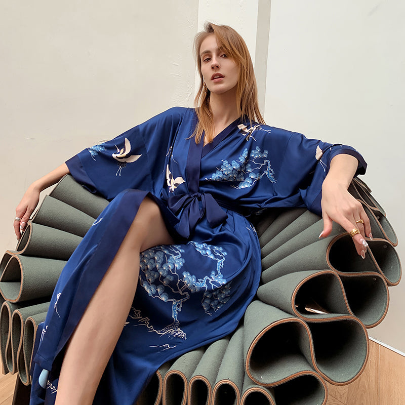Blue Light Luxury Silky Satin Kimono Robe