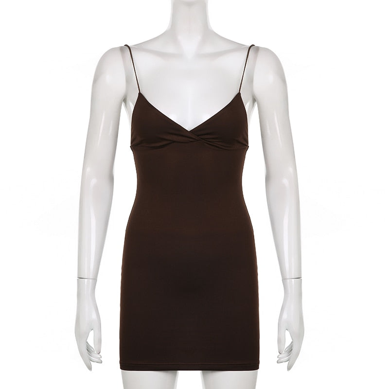 Vintage Brown  Bodycon Dress Sexy V Neck Sleeveless Party Mini Dresses Solid Basic Backless Streetwear Outfits