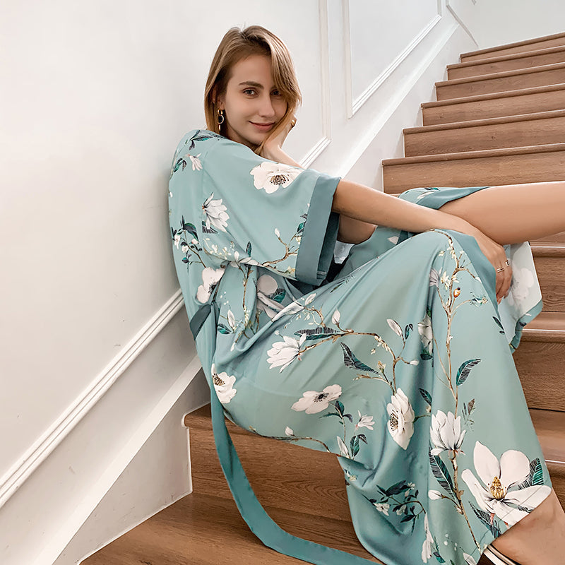Frosty Green Mint Light Luxury Silky Satin Kimono Robe