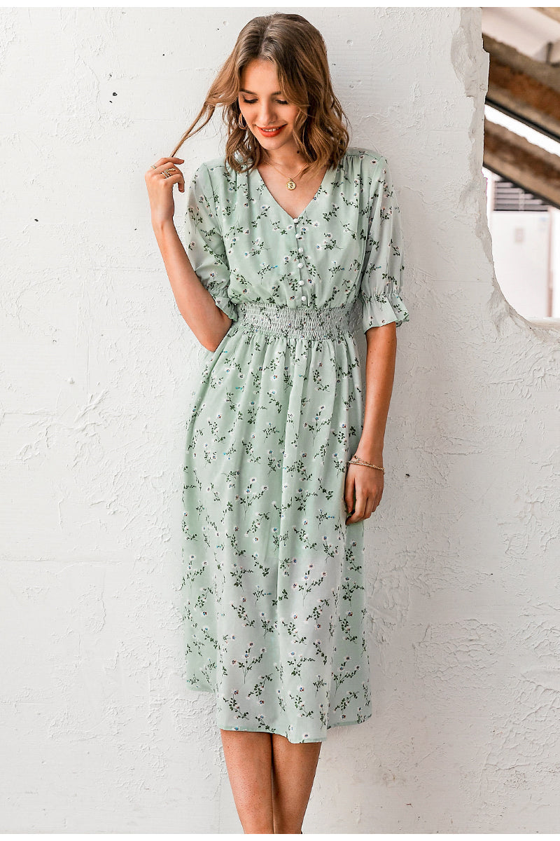 floral print dress Elegant  puff sleeve a line v neck sash dress High waist work wear office lady dress