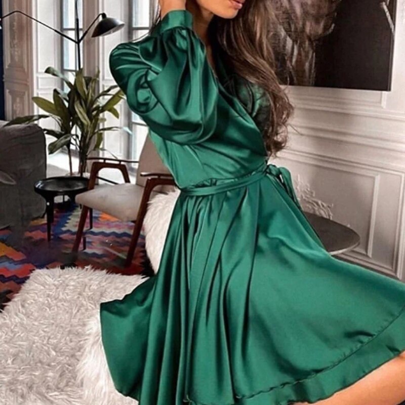 V-Neck Belt Satin Mini Dress Autumn Fashion Lantern Sleeve Comfort Night Club A-Line Party Dresses For