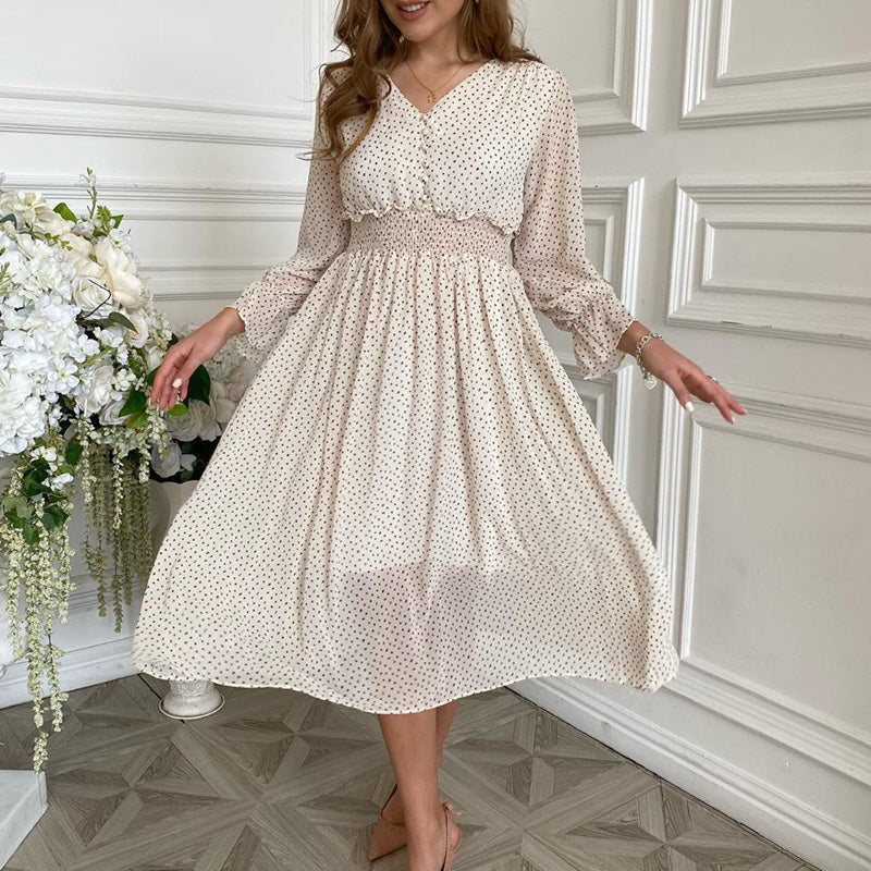 floral print dress Elegant  puff sleeve a line v neck sash dress High waist work wear office lady dress
