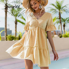 V-neck ruffle sleeves blue plaid  dress Lace up short sleeve high waist knee length dress Summer elegant lady dress