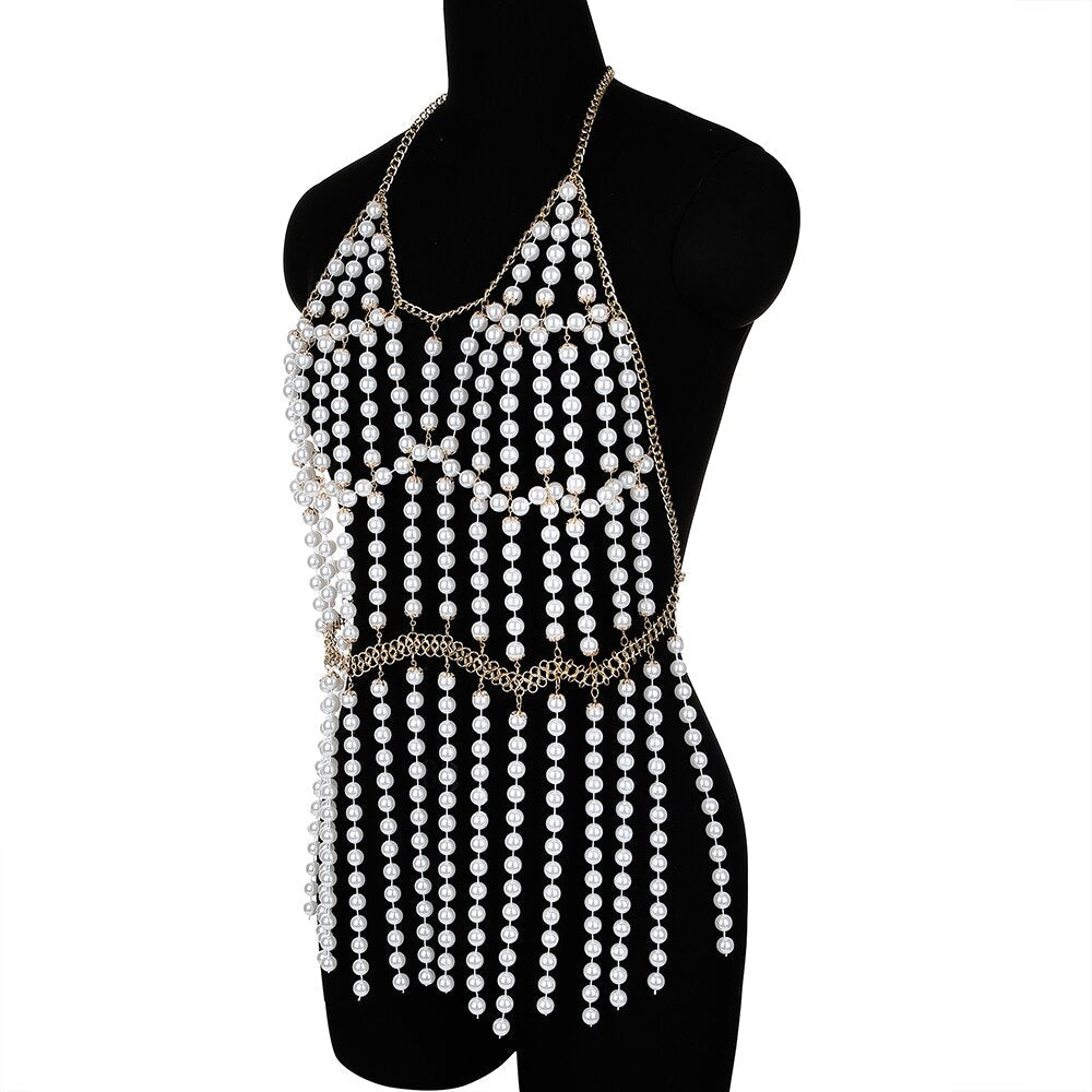 Adjustable Halter Pearl Body Chain Sling Top