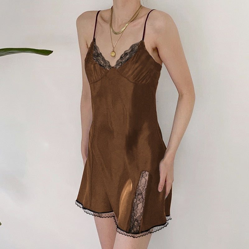 V Neck Satin Strap Sexy Black Dress  Lace Patchwork Backless Summer Dress Mini Side Split Ladies Dresses Fashion