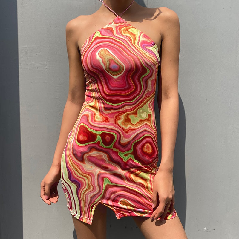 Wave Print Sexy Backless Halter Dress  Party Summer Sleeveless Short Dress Elegant 90S Fashion Streetwear