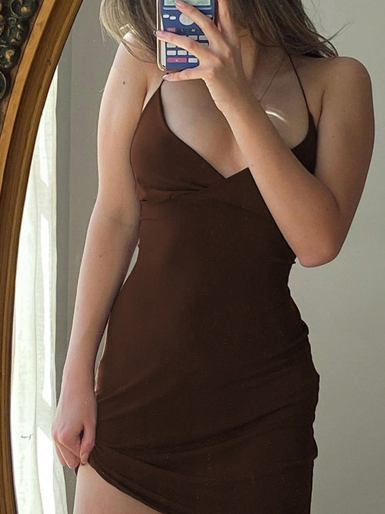 Vintage Brown  Bodycon Dress Sexy V Neck Sleeveless Party Mini Dresses Solid Basic Backless Streetwear Outfits