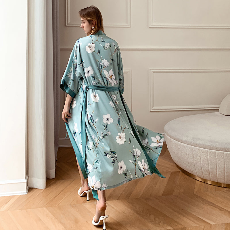 Frosty Green Mint Light Luxury Silky Satin Kimono Robe