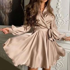 V-Neck Belt Satin Mini Dress Autumn Fashion Lantern Sleeve Comfort Night Club A-Line Party Dresses For