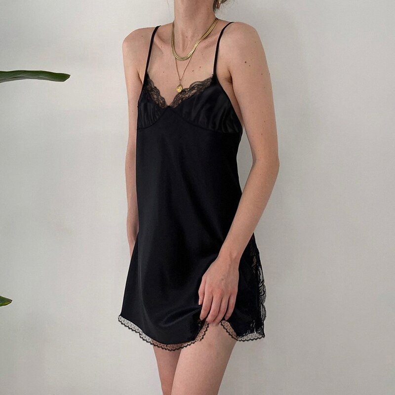 V Neck Satin Strap Sexy Black Dress  Lace Patchwork Backless Summer Dress Mini Side Split Ladies Dresses Fashion