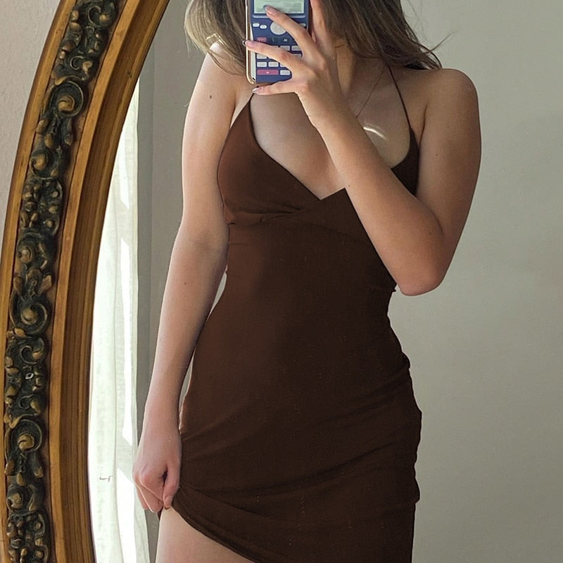 Vintage Brown  Bodycon Dress Sexy V Neck Sleeveless Party Mini Dresses Solid Basic Backless Streetwear Outfits