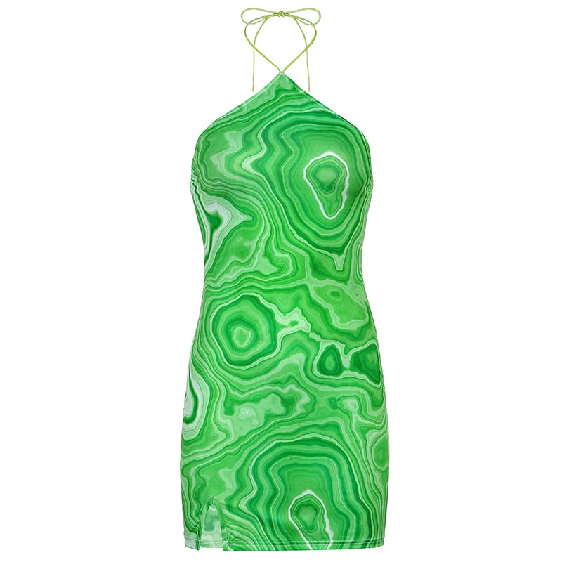 Wave Print Sexy Backless Halter Dress  Party Summer Sleeveless Short Dress Elegant 90S Fashion Streetwear