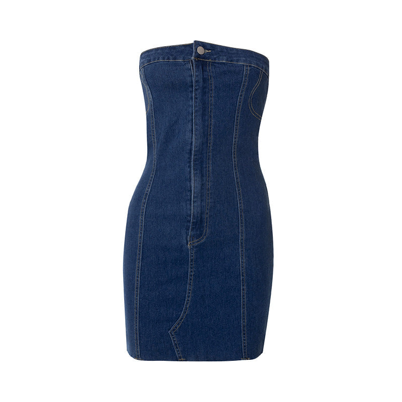 Dark Blue Denim Strapless Jeans Dress – Godu Shop