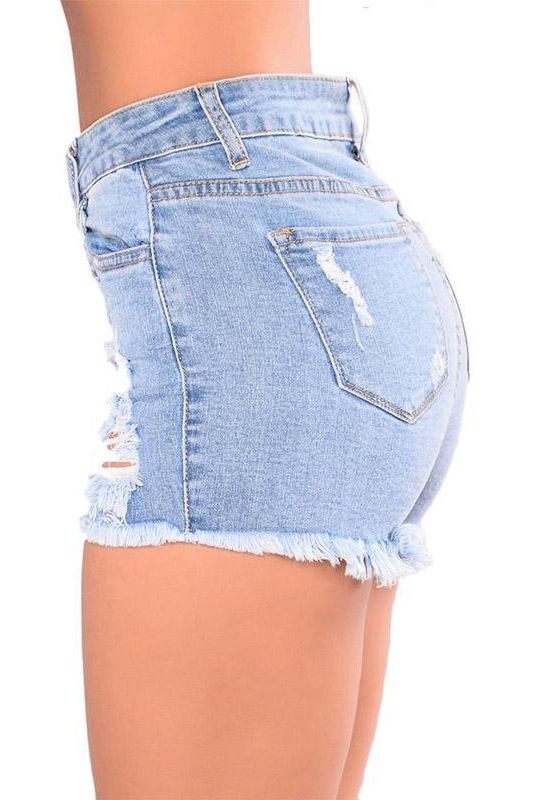 Washed Holes Fringed Denim Shorts