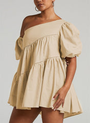 casual loose off-shoulder puff sleeve patchwork short-sleeved dress irregular skirt