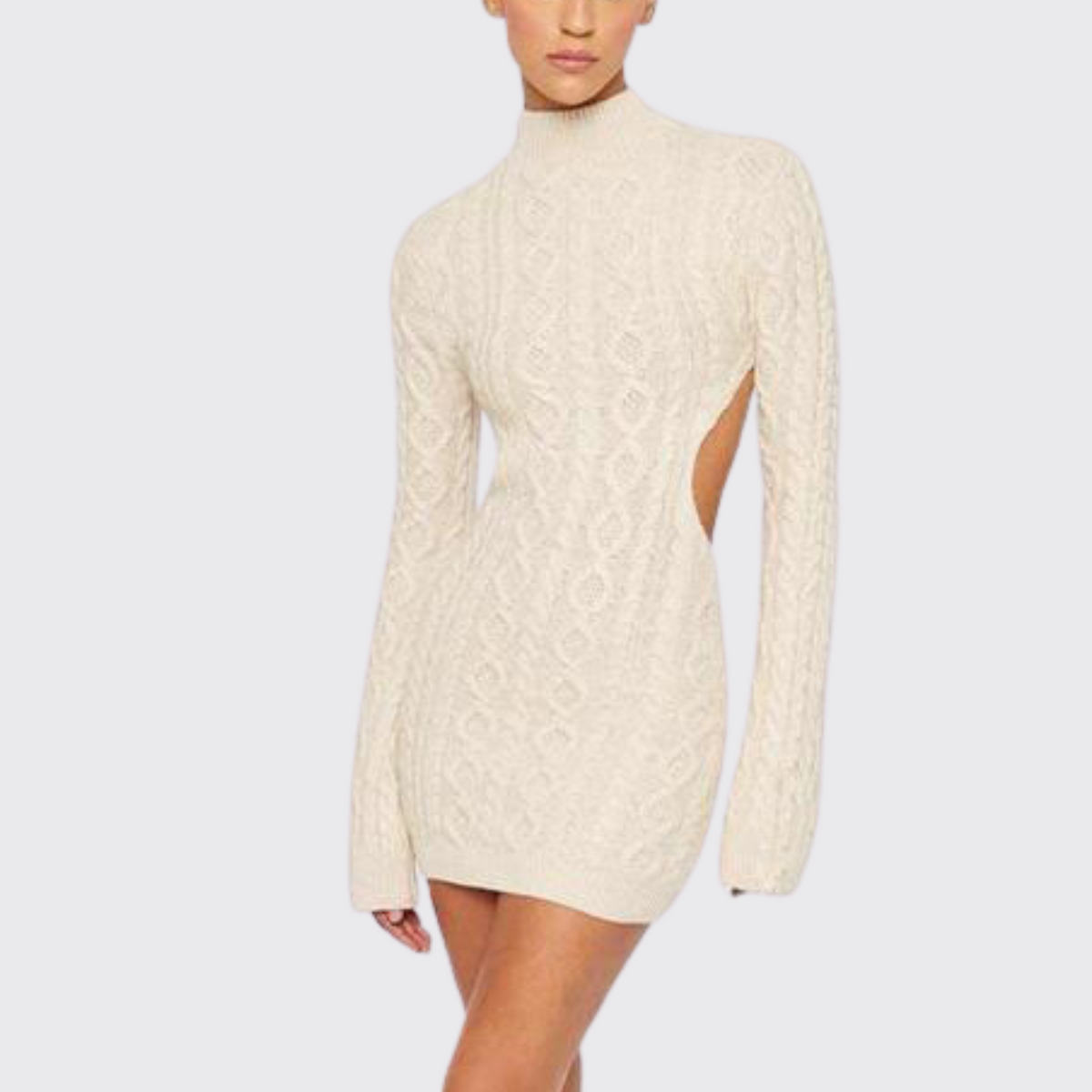 Beige Open Back Knit Mini Turtleneck Dress