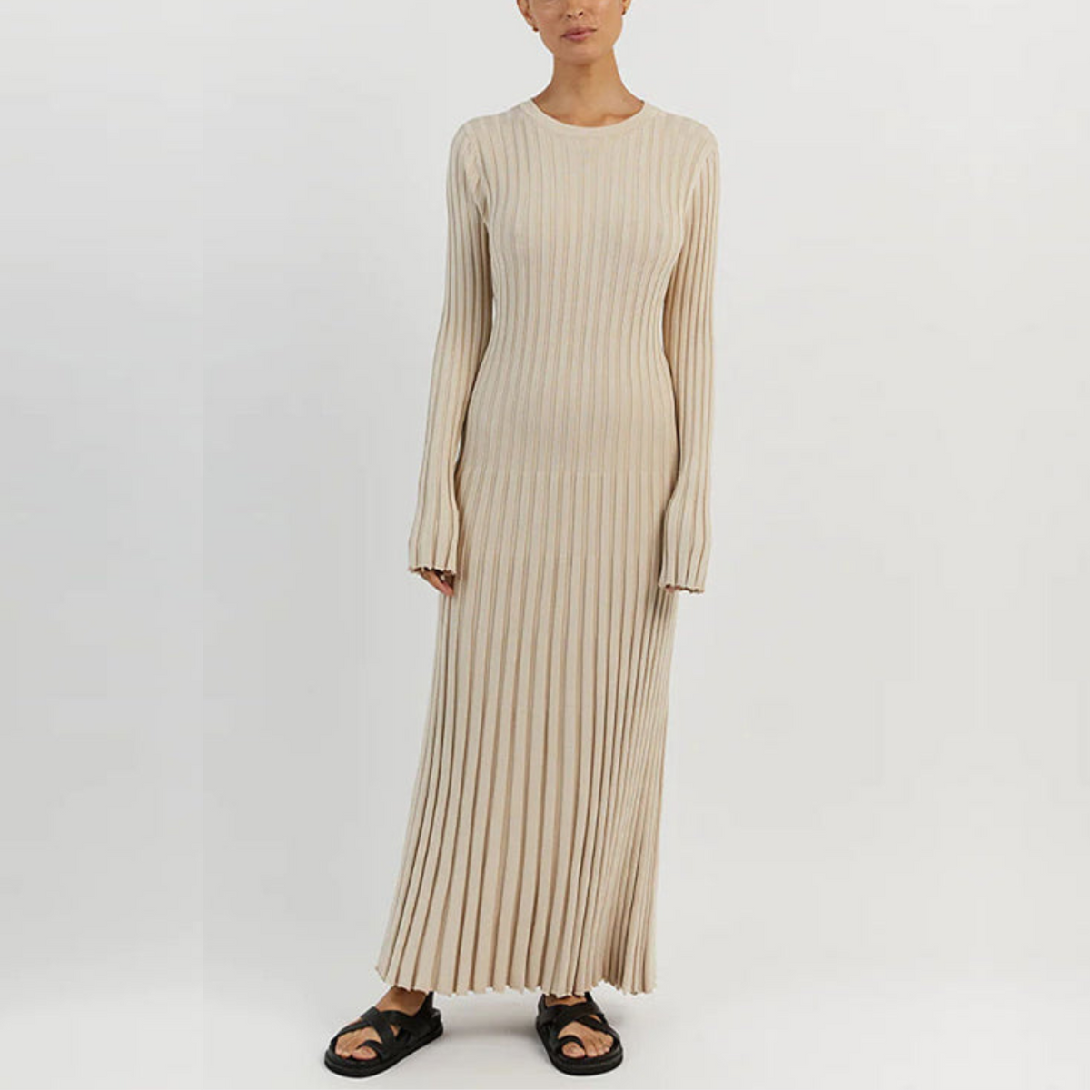 Beige Long Sleeve Knit Midi Dress