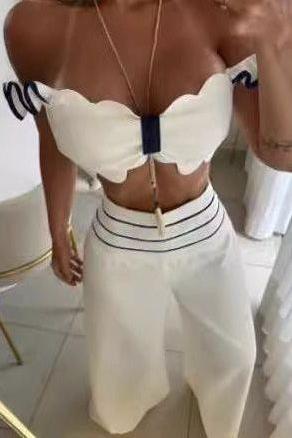 Bow short top wide leg pant suit