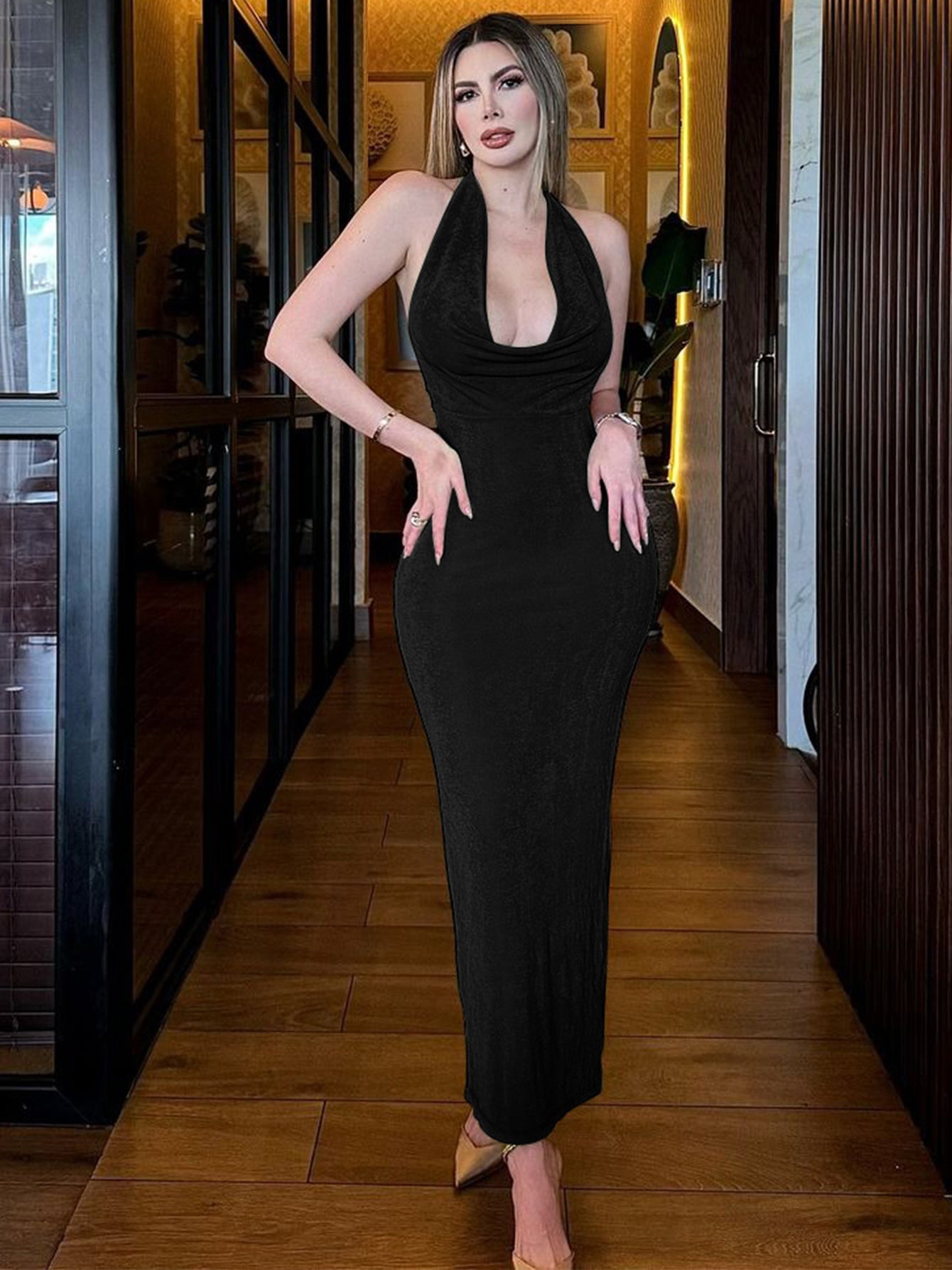 Halter Neck V Neck Backless Dress