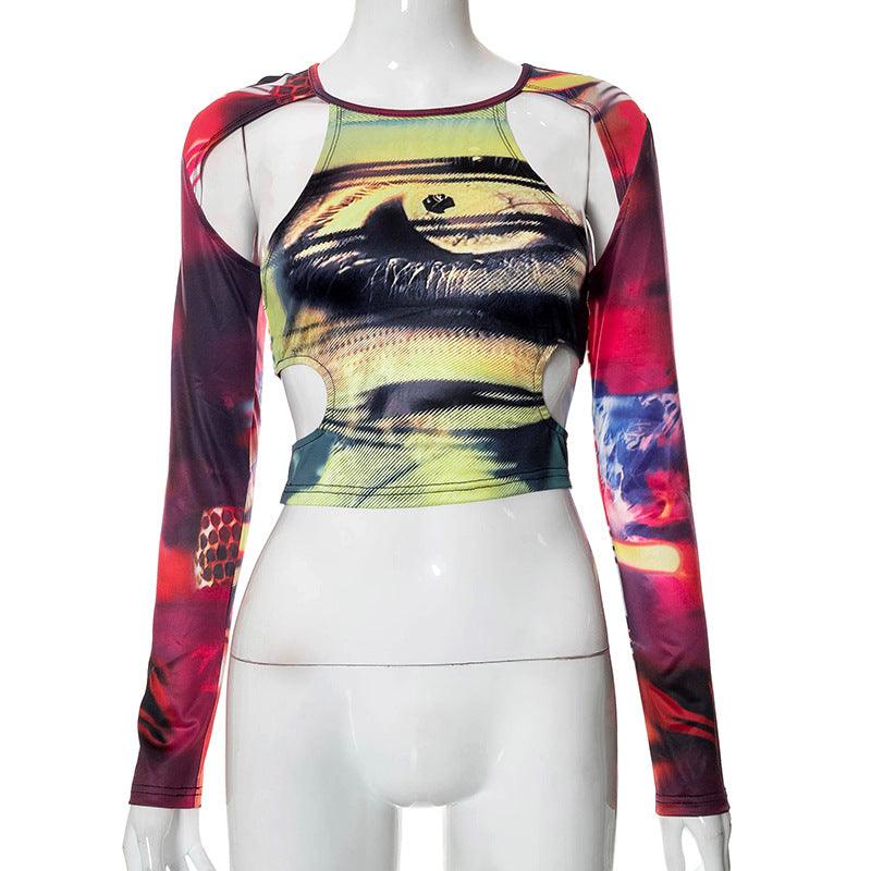 American print navel-cut long-sleeved T-shirt