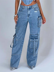 American low-waist pocket splicing jeans