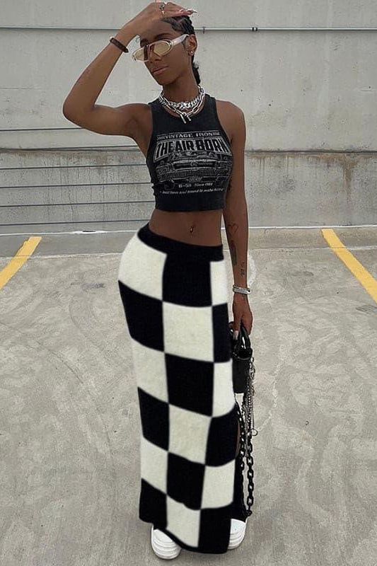 High waist slim slit bag hip checkerboard skirt