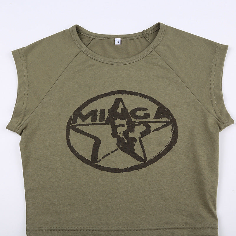 Army Green Star Printed Top