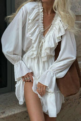 V-Neck Pleated Trumpet Sleeve Ruffled White Dress