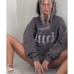 Hot diamond letters distressed washed hoodie