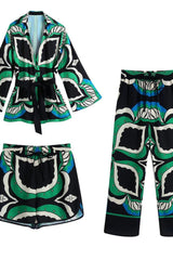 Bermuda print three-piece long-sleeved shirt loose suit
