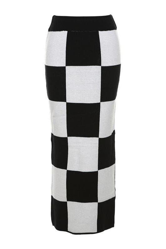 High waist slim slit bag hip checkerboard skirt