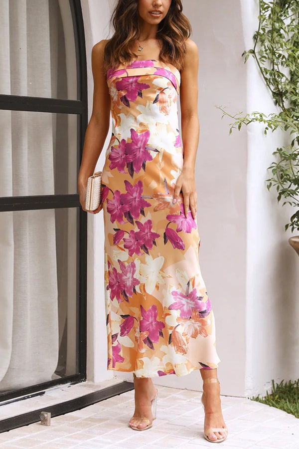 Floral Strapless Backless Midi Dress