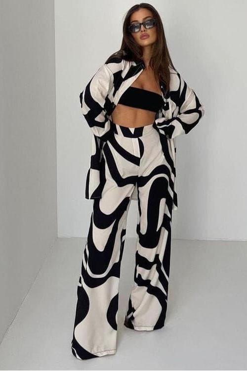 Two Piece Printed Wide Leg Pants and shirt