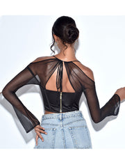 Black mesh backless halter neck top