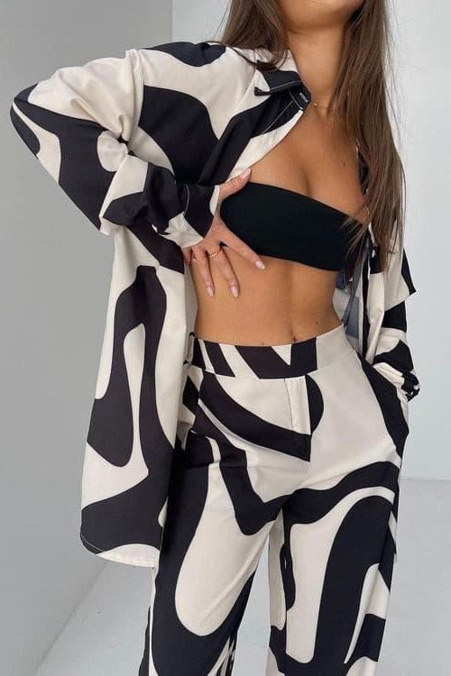 Two Piece Printed Wide Leg Pants and shirt