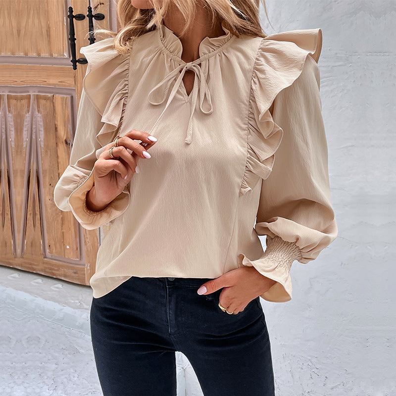 Ruffled Lace up Bubble Sleeve Blouse