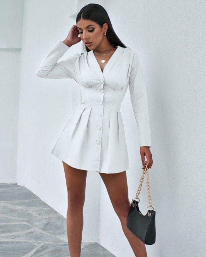 V-neck fold waist button shirt dress